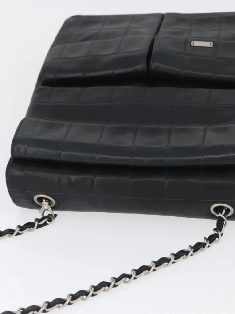 CHANEL Choco Bar Chain Shoulder Bag Lamb Skin Black Silver CC Auth bs33473